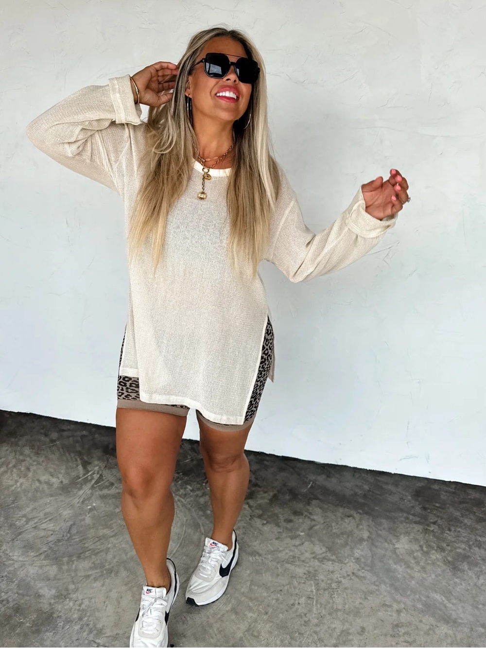 100% Cotton Cream Fishknit Beach Long-Sleeve Pullover Top